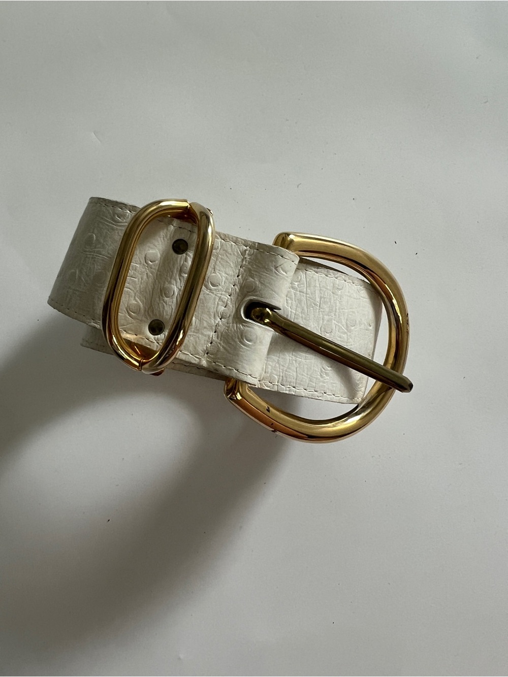 80’s  White Leather Belt with Gold Buckle